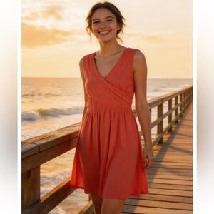 Garnet Hill Women's Coral Cotton blend 
Ruched Faux Wrap Dress Midi Grecian